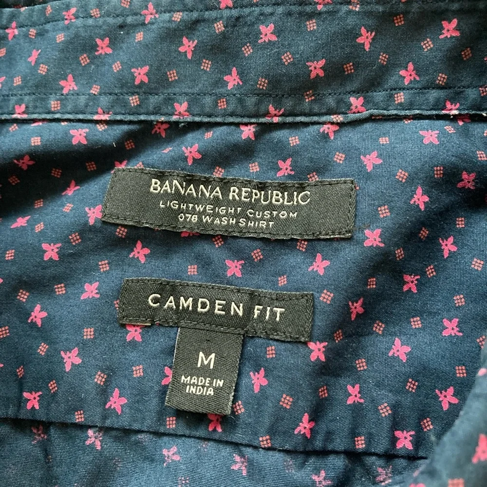 Banana Republic Camden Fit Navy Pink Print Short Sleeve‎ Button Down Shirt M